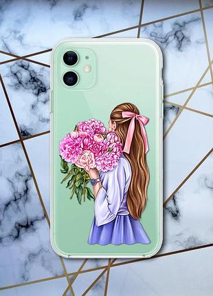 Прозрачный чехол для apple iphone 11 (6,1) :: девушка с пионами (принт 11)