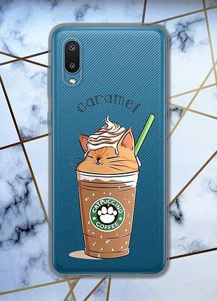 Прозрачный чехол на samsung galaxy a02 / a022 (2021) :: капучино котик (принт 97)