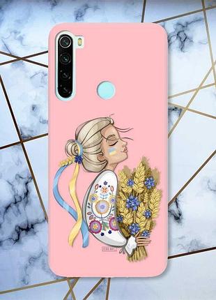 Матовый чехол с розовыми боками на xiaomi redmi note 8 :: украинка с колосками (принт 173)