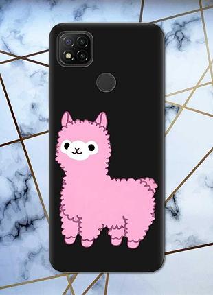 Матовый чехол с черными боками на xiaomi redmi 9c :: лама розовая (принт 100)
