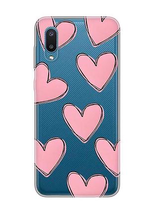 Прозрачный чехол на samsung galaxy a02 / a022 (2021) сердечка розовые (принт 78)