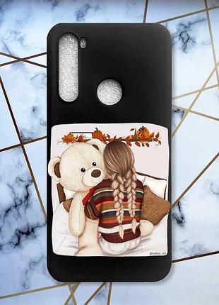 Матовый чехол с черными боками на xiaomi redmi note 8 :: девочка с мишкой (принт 117)