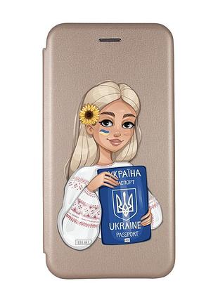 Чохол-книжка з малюнком для xiaomi redmi 12c золотий :: дівчина з паспортом (принт 13)