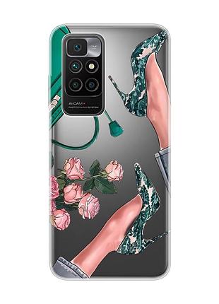 Прозрачный чехол для xiaomi redmi 10 туфельки и цветы (принт 225)
