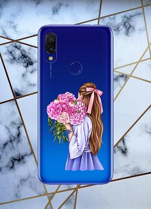 Прозрачный чехол для xiaomi redmi note 7 :: девушка с пионами (принт 11)
