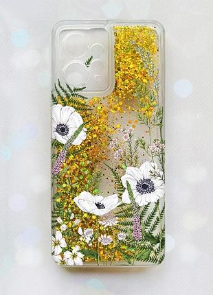 Чохол з плаваючими блискітками на xiaomi redmi note 12 4g золотий :: квіти польові (принт 363)