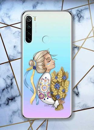 Прозорий чохол на xiaomi redmi note 8 патріотичний дизайн українка з колосками принт 173