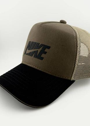 Бейсболка тракер nike із сіткою, коричнева з чорним козирком, катон, ручна робота (україна), s, m, l/xl