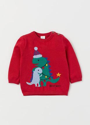 1-2/2-3 года h&m фирменный натуральный свитер джемпер с динозавром новогодний нг