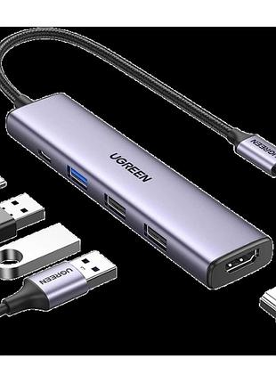 Usb-c хаб ugreen cm478 (15495) 5-в-1, многофункциональный адаптер type-c на hdmi 4k, usb 3.0 и pd 100w для macbook, ipad, window