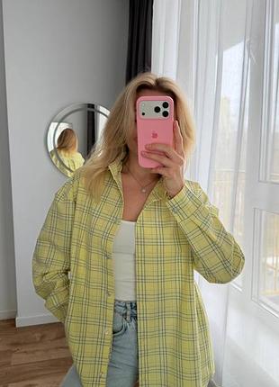 Женская рубашка в клетку oversized / фланель, 100% хлопок / лимонный, розовый, голубой