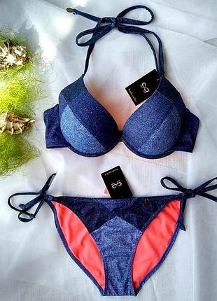 Раздельный купальник с чашками hunkemoller джинсовый принт 80e/m, 85b/l