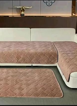 Накидки дивандеки на м'які меблі диван крісла colorful home універсальні велюрові 3 в 1 зигзаг капучино