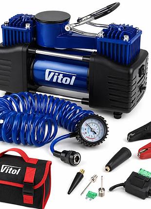 Компресор "vitol" k-72 150 psi/25amp/90л/2 циліндри/шланг 5,0 м/клемми/з дефлятором (k-72)