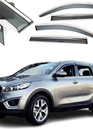 Дефлектори вікон вітровики для kia sorento 2014-2020 (скотч) topvisor з хром молдингом