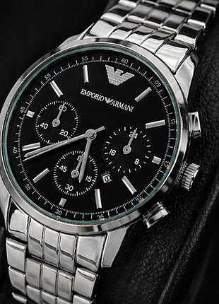 Мужские часы emporio armani кварцевые серебристые с черным циферблатом, дата, металлический браслет