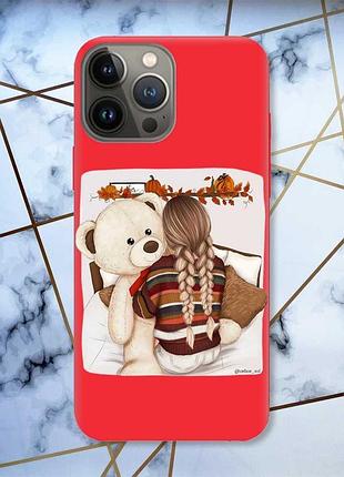 Матовий чохол з червоними боками на apple iphone 13 pro :: дівчинка з ведмедиком принт 117