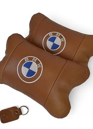 Комплект автоподушок 2шт з натуральної коричневої шкіри для bmw. ортопедична подушка в авто бмв