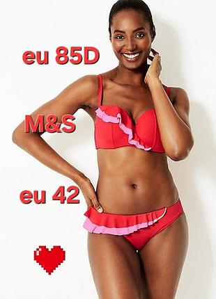 85d, 85д, яркий раздельный купальник marks &amp; spencer с воланами красный и розовый, лиф бандо уплотненные чашки на косточках