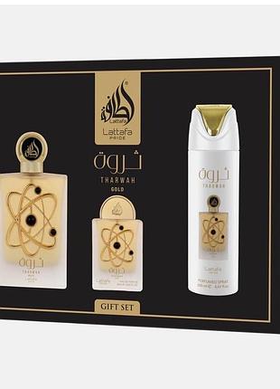 Lattafa pride tharwah gold парфумована вода 100 мл + lattafa pride tharwah gold парфумована вода 20 мл + дезодорант з ароматизатором 200 мл