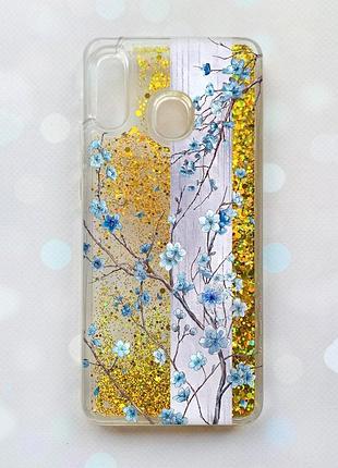 Чехол с плавающими золотыми блестками на samsung galaxy a30(2019) a305/a20 цветущая сакура (принт 422)