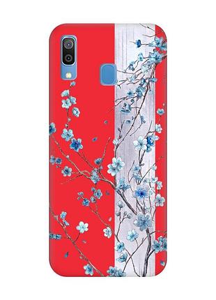 Матовый красный чехол на samsung galaxy a30 (2019) / a20 (2019) цветущая сакура (принт 422)