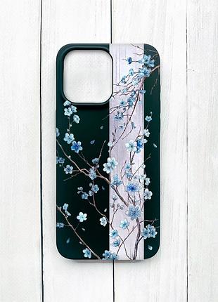 Матовый чехол на iphone 15 pro max черный цветущая сакура (принт 422)