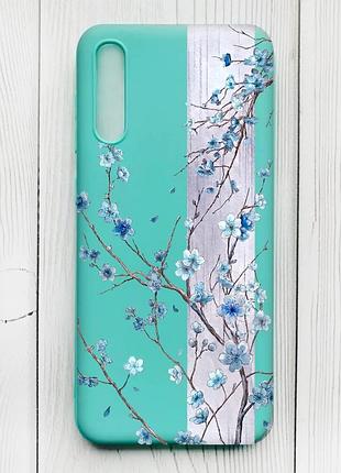 Матовый бирюзовый чехол на samsung galaxy a50 (2019) a505/a30s цветущая сакура (принт 422)