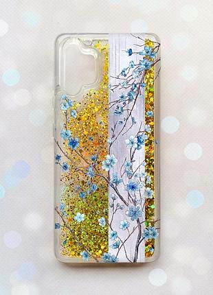 Чехол с плавающими золотыми блестками на samsung galaxy a32 цветущая сакура (принт 422)