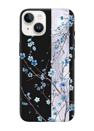 Матовый черный чехол на apple iphone 14 цветущая сакура (принт 422)