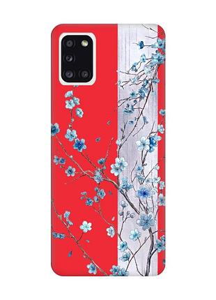 Матовый красный чехол на samsung galaxy a31 цветущая сакура (принт 422)