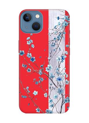 Матовый красный чехол на apple iphone 13 цветущая сакура (принт 422)