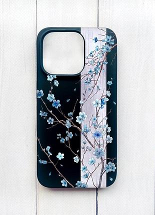 Матовий чохол на iphone 15 plus чорний квітуча сакура (принт 422)