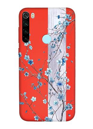 Матовый красный чехол на xiaomi redmi note 8t цветущая сакура (принт 422)