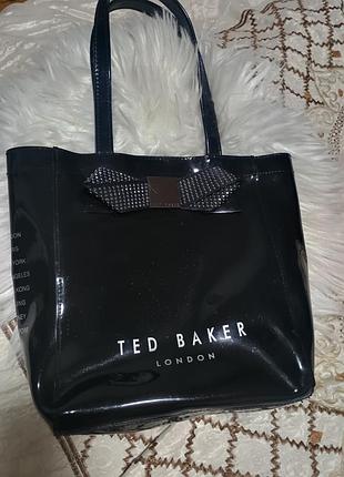 Брендовая лаковая черная сумка шоппер ted baker с бантом