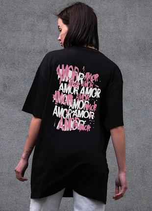 Жіноча оверсайз футболка чорна з принтом amor бавовняна streetwear