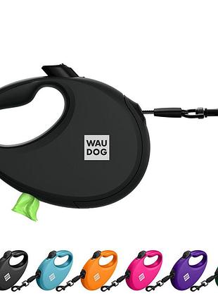 Поводок-рулетка для собак waudog r-leash с контейнером для пакетов, светоотражающая лента, l, до 40 кг, 5 м, черный