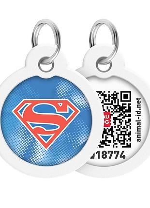 Адресник для собак і котів металевий waudog smart id з qr паспортом, малюнок "супермен ретро", коло, д 30 мм