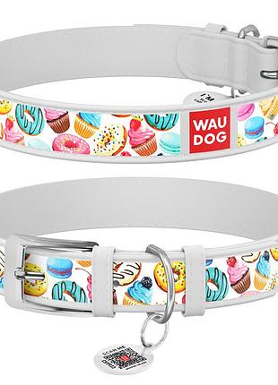Нашийник для собак шкіряний waudog design з qr паспортом, малюнок "пончики", xl, ш 35 мм, дов 46-59 см, білий