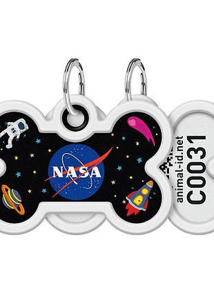 Адресник для собак і котів металевий waudog smart id з qr паспортом, малюнок "nasa", кістка, д 40 мм, ш 28 мм