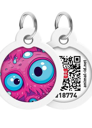 Адресник для собак і котів металевий waudog smart id з qr паспортом, малюнок "око монстра", коло, д 30 мм