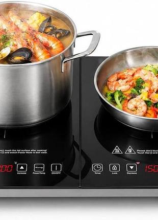 Amzchef - індукційна варильна поверхня з 2 конфорками, 3500 вт, сенсорна скляна панелль, 20 рівнів температури, таймер