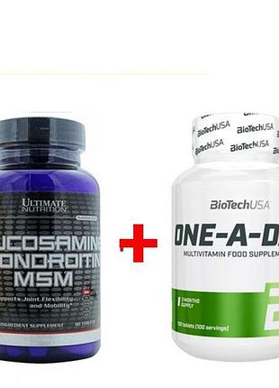Комплект хондропротектор ultimate nutrition glucosamine chondroitin msm 90 таб без смаку + вітаміни biotech one-a-day 100