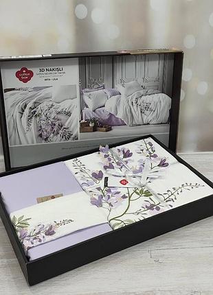 Постільна білизна cotton box de lux saten з 3d вишивкою євро розмір mita lila