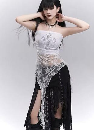 Білий мереживний топ-бандо з хрестом  та асиметричними воланами gothic streetwear, y2k , grunge