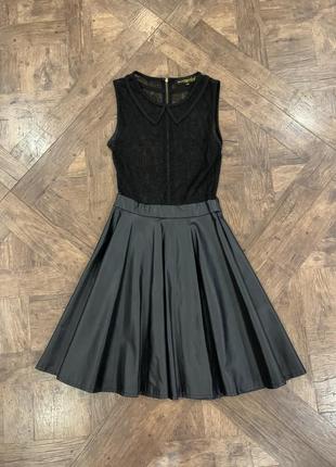 Крутое черное платье, платье с кружевом и кожаной юбкой, размер xxs-xs-s