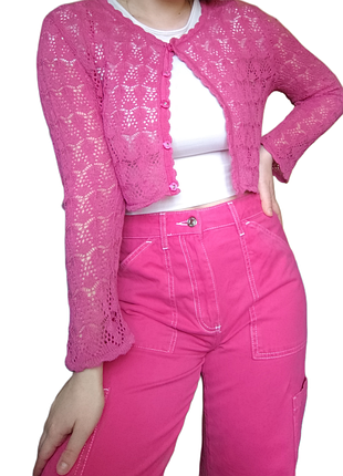 Рожевий кроп-кардиган fenn wright manson льон бавовна ажурна кофта болеро coquette barbiecore pink linen cotton lace knit cardigan bolero studio xs s