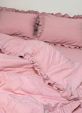 Постельное белье с вареного хлопка (washed cotton) з рюшами, 100% хлопок,турция "розовая пудра" семейный