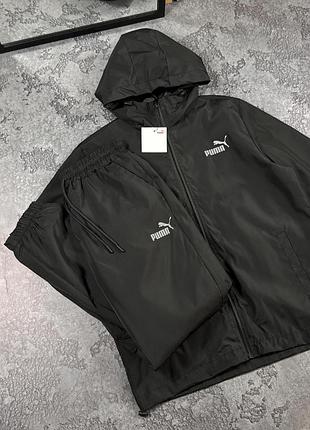 Костюм спортивный puma черный матовая плащевка куртка + штаны весна-лето-осень, костюм пума мужской из плащевки
