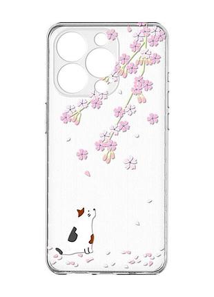 Прозрачный чехол с защитой камеры на iphone 15 pro max :: котик и сакура (принт 283)